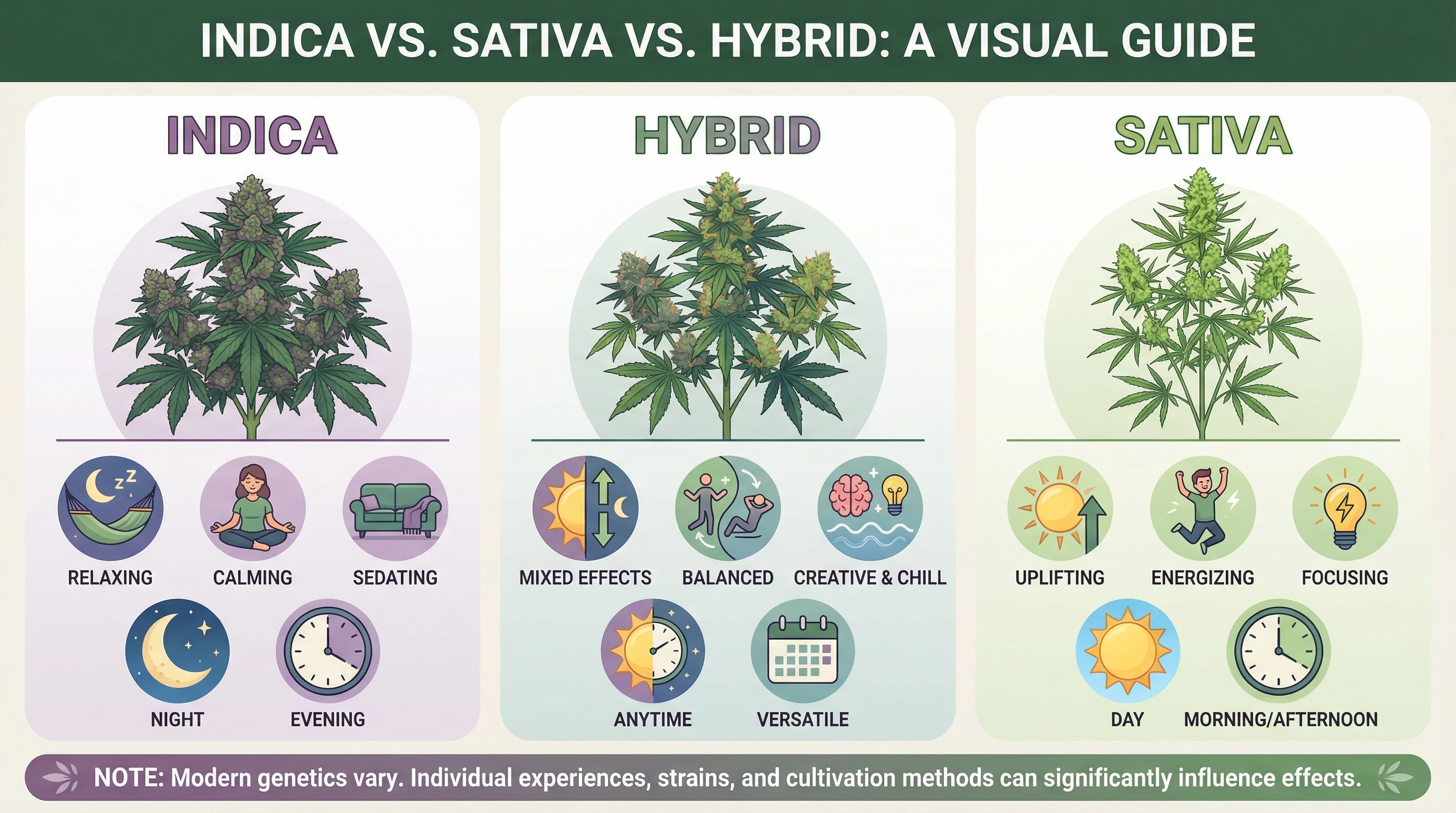 Illustration comparing indica, sativa, and hybrid plant traits.