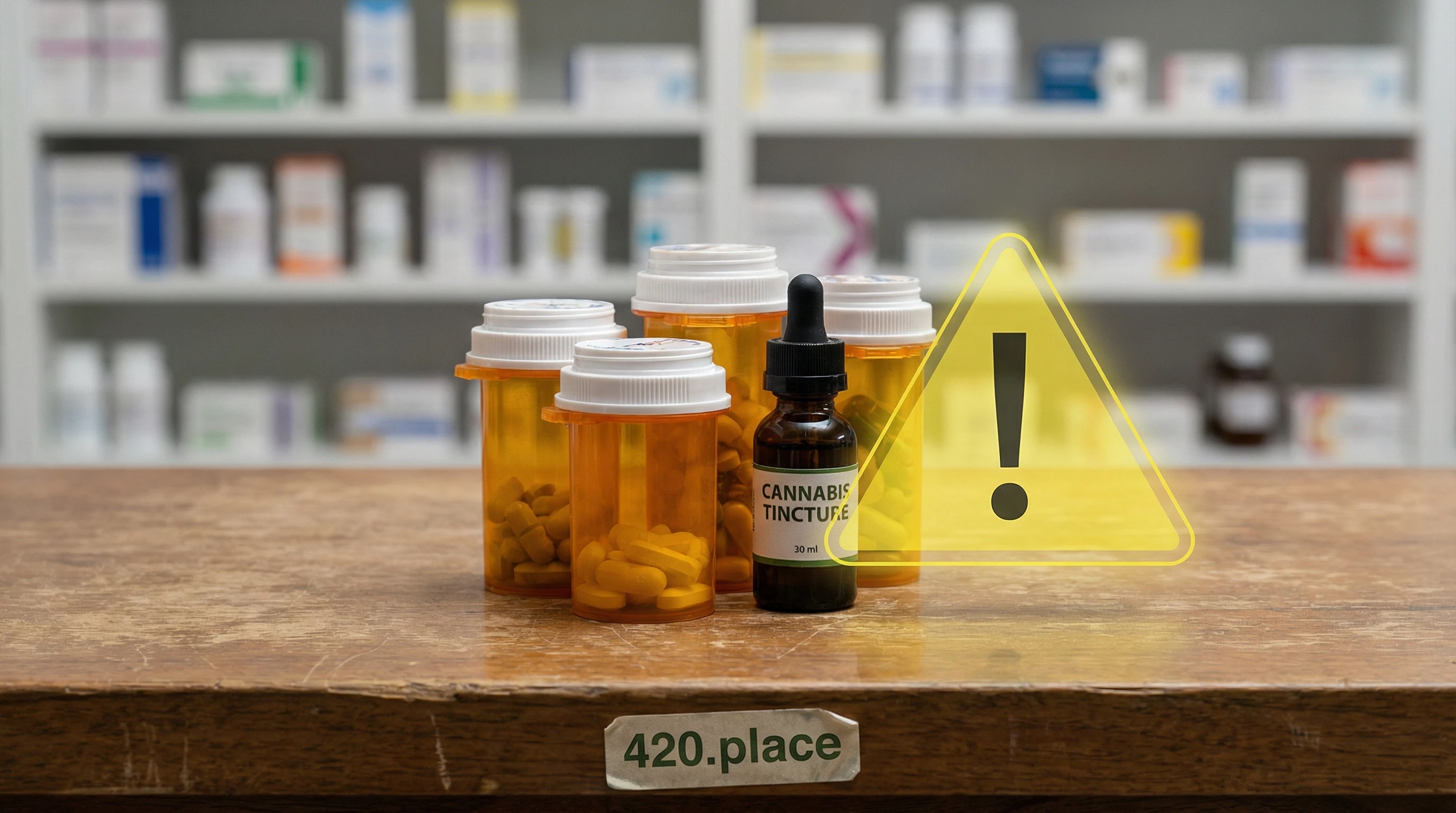 Prescription pills with a caution icon.