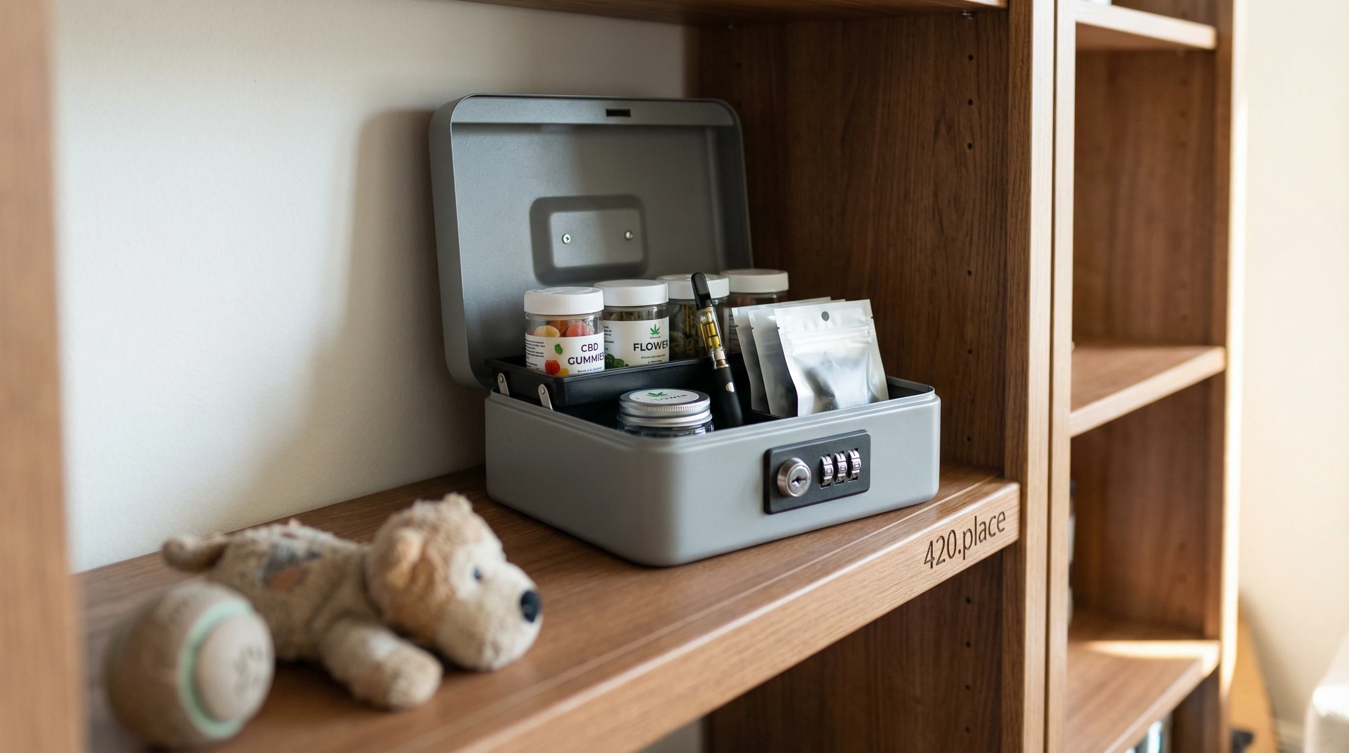 Cannabis jar inside a locked storage box.