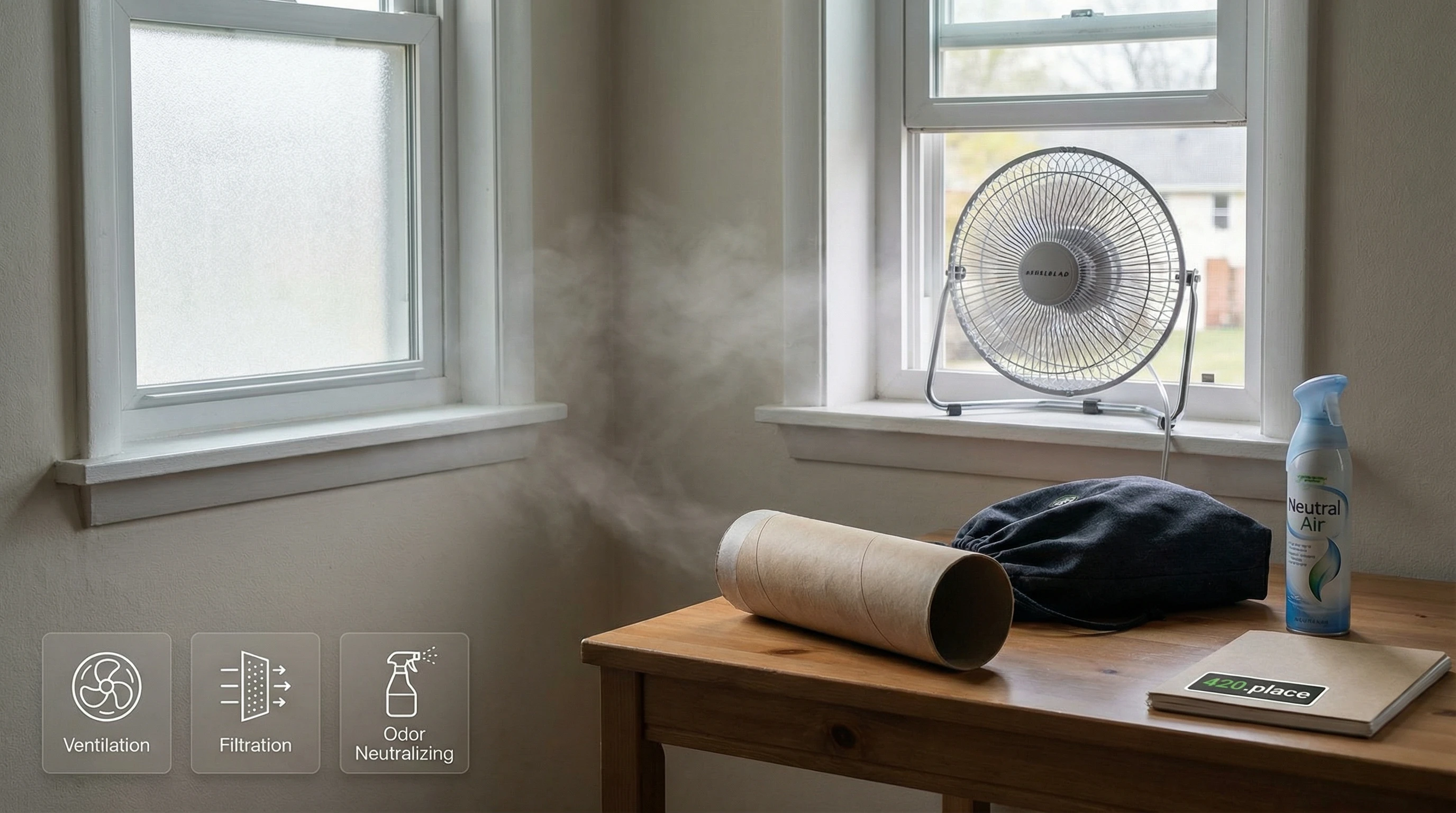 Air freshener, fan, and homemade sploof for odor control.