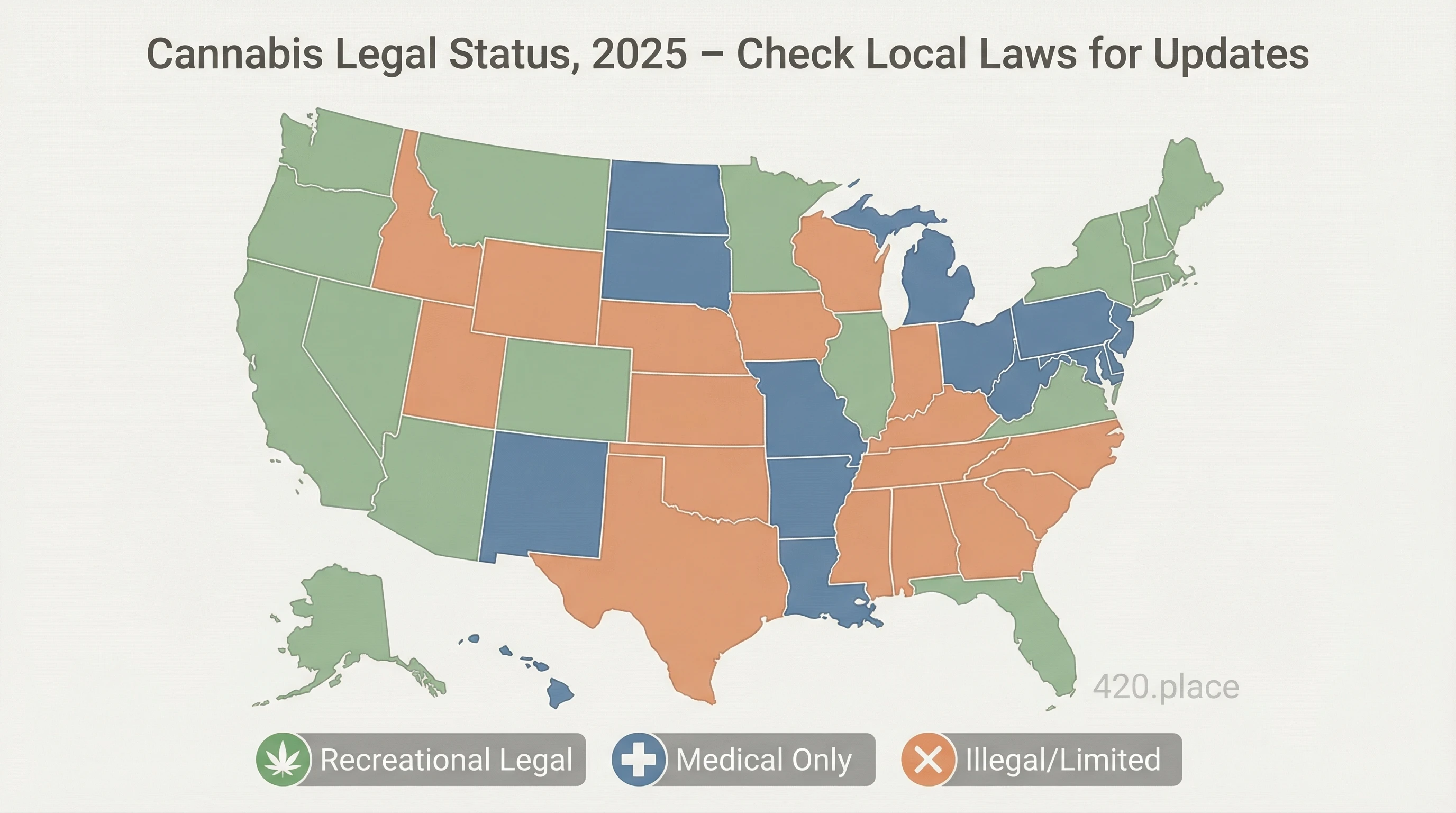 US map color-coded by legalization status in 2025.
